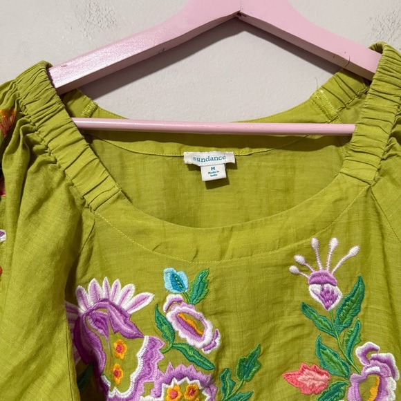 Sundance Embroidered Kiwi Green Top Size Medium Puff Sleeves - Picture 5 of 9